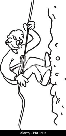 Rock Climbing boy. outlined cartoon handrawn sketch illustration vector. Stock Vector