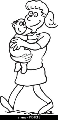 mother holding a baby. outlined cartoon handrawn sketch illustration vector. Stock Vector