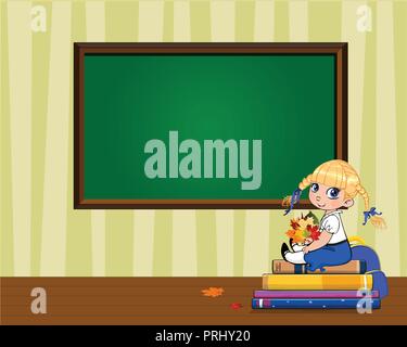 Cute cartoon school girl sitting on books pile with bouquet of autumn leaves near clear blackboard with copy space in classroom. Teachers day, back to Stock Vector