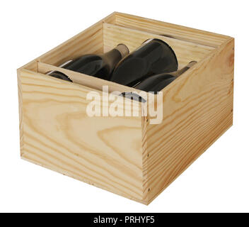 Red wine bottles packed in open wooden box isolated on white background Stock Photo