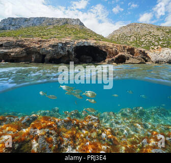 Spain Mediterranean coast a large cave on the sea shore with fish underwater, split view above and below water surface, Cova Tallada, Costa Blanca Stock Photo