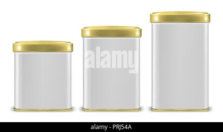 Vector realistic 3d white blank metal aluminium tin can containers with gold cap different size - small, medium and big - icon set closeup isolated on white background. Design template for graphics, packaging baby powder milk, tea, coffee, cereal and other products, mockup. Front view Stock Vector