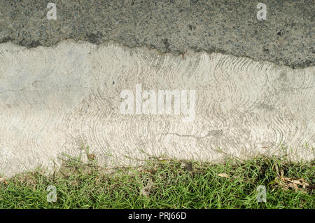 Street sidewalk with green leaves around the shore, view from above on the road from the street. Stock Photo