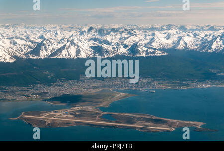 Aerial view over airport and city of Ushuaia, Argentina Stock Photo