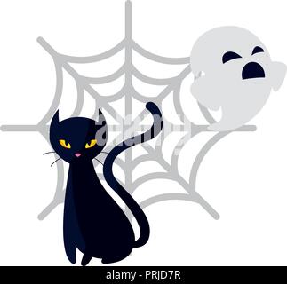 halloween black cat with ghost and spiderweb vector illustration design Stock Vector