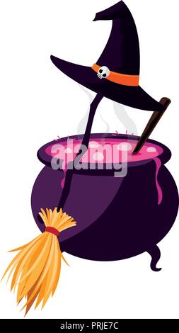 Halloween. Old wicked witch flying on broomstick sketch. Vector Stock