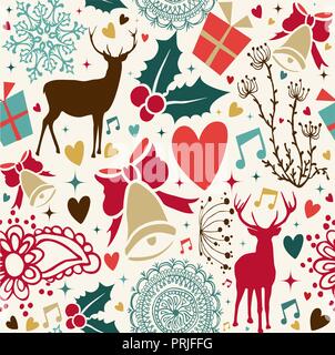 Merry Christmas vintage seamless pattern with deer shapes and xmas ornaments. Holiday love decoration background in festive colors. EPS10 vector. Stock Vector