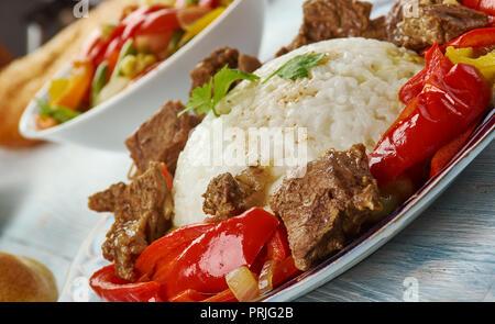 Ganfan, Uyghur cuisine,  Asia Traditional assorted dishes, Top view Stock Photo