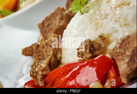 Ganfan, Uyghur cuisine,  Asia Traditional assorted dishes, Top view Stock Photo