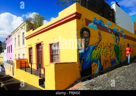 Colourful facades on De Waal Street, Wale Street, Bo Kaap, Cape Malay, Cape Town, Western Cape, South Africa Stock Photo