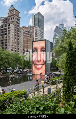 Crown Fountain, by Catalan artist Jaume Plensa, in Millennium Park, East Randolph Street, Chicago, Illinois, USA Stock Photo