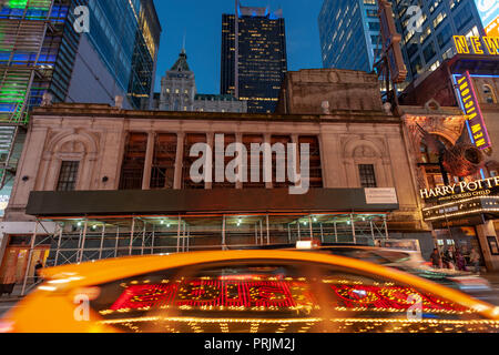 The long vacant scaffolded Times Square Theater on West 42nd Street is seen on Tuesday, September 18, 2018. The Stillman Development International company announced plans to redevelop the 1920 theater for retail use. The theater has been vacant for 30 years as development grew around it. (© Richard B. Levine) Stock Photo