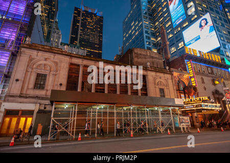 The long vacant scaffolded Times Square Theater on West 42nd Street is seen on Tuesday, September 18, 2018. The Stillman Development International company announced plans to redevelop the 1920 theater for retail use. The theater has been vacant for 30 years as development grew around it. (Â© Richard B. Levine) Stock Photo