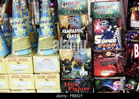 Fireworks for sale on stall in Sumatra, Indonesia Stock Photo
