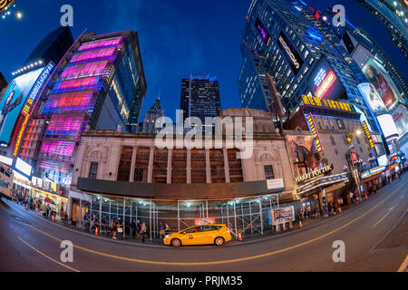 The long vacant scaffolded Times Square Theater on West 42nd Street is seen on Tuesday, September 18, 2018. The Stillman Development International company announced plans to redevelop the 1920 theater for retail use. The theater has been vacant for 30 years as development grew around it. (Â© Richard B. Levine) Stock Photo