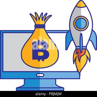 computer money bag and rocket launching Stock Vector