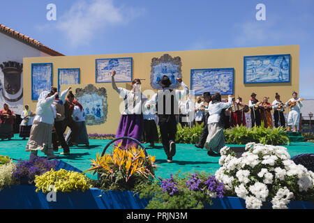 Group of folklore of Madeira island perfoming at '24 horas a bailar' festival in Santana city, Madeira Island, Portugal, July 2017. Stock Photo