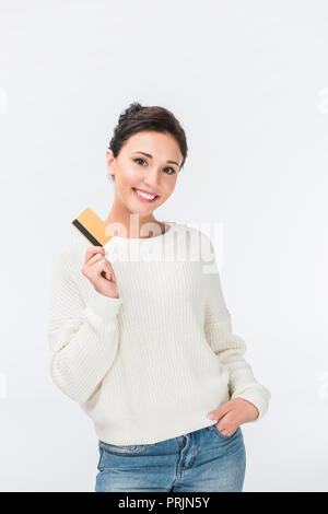 happy woman showing credit card isolated on white Stock Photo