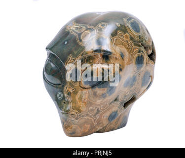 Ocean jasper from Madagascar carved alien crystal skull  isolated on white background Stock Photo
