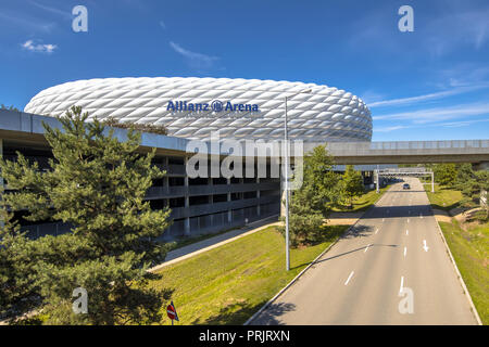 MUNICH, GERMANY - 14 AUGUST 2017: Road to Allianz Arena stadium in Munich, Germany. The Allianz Arena is the home football stadium for FC Bayern Munic Stock Photo