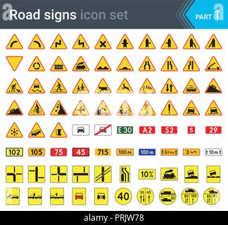 Road signs isolated on white background. Warning signs, complementary plates and military signs. High quality traffic road signs. Stock Vector