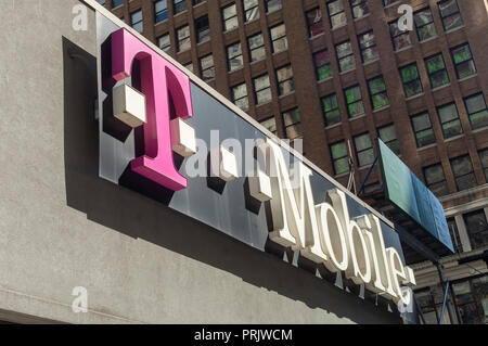 The sign of a T-Mobile USA store is seen in New York on Sunday, September 30, 2018. (Â© Richard B. Levine) Stock Photo