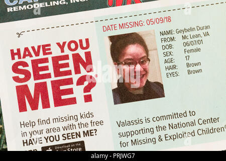 Have You Seen Me ad of missing Caucasian girl) missing children, missing child, missing person, missing persons - USA Stock Photo