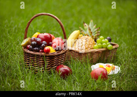 assorted fruits in baskets for picnic on grass. Stock Photo