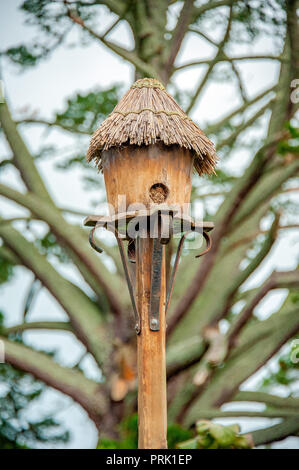 Cute little wooden birdhouse with straw roof on a wooden post with large a large tree branches in the background. Stock Photo