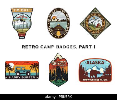 Set of retro Wanderlust Logos Emblems. Vintage hand drawn travel badges. Different camp, forest activities scenes . Included custom adventure quotes. Stock vector hike insignias isolated on white Stock Vector
