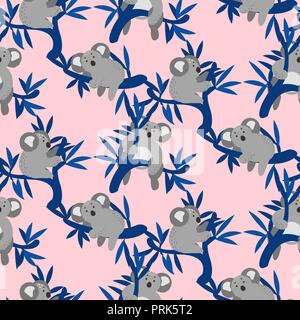Seamless pattern with cute koala bears on eucalyptus tree. Stock Vector