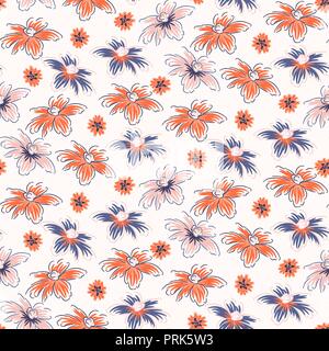 Hand drawn flowers seamless pink red vector pattern. Stock Vector