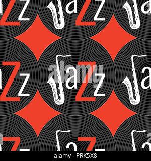 Jazz concept. Vinyl record and the word Jazz. Letter J - saxophone. Seamless pattern. Red, black and white elements. Red background Stock Vector