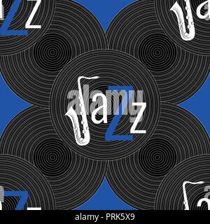 Jazz concept. Vinyl record and the word Jazz. Letter J - saxophone. Seamless pattern. Blue, black and white elements. Blue background Stock Vector