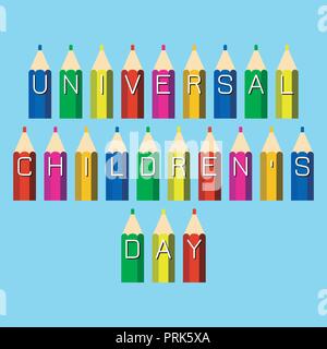 Universal Childrens Day. Concept of a social holiday. Color pencils with the letters of the name of the event Stock Vector