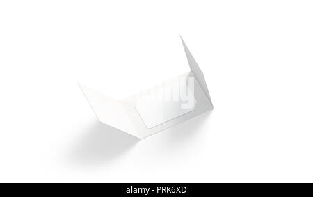 Blank white plastic card mockup inside opened paper booklet holder, isolated, 3d rendering. Empty packaging brochure with certificate mock up, side view. Clear loyal namecard tuck in envelope template Stock Photo