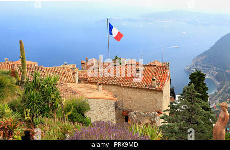 Botanical garden and village of Eze, with various cacti on foreground, aerial view of French Riviera, Europe Stock Photo