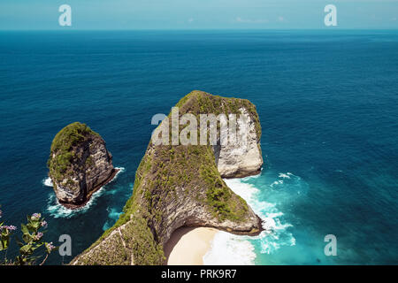 Kelingking beach scenery from cliff, Nusa penida island, Bali, Indonesia. Stock Photo
