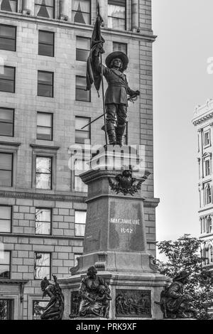 Famous Maisonneuve Monument (erected in 1895) at Place d'Armes, Montreal, Canada. The landmark monument was erected in memory of Paul Chomedey de Mais Stock Photo