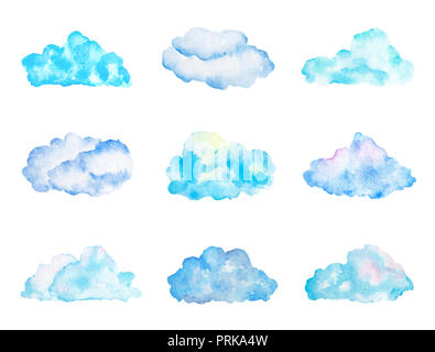 Set of Bright Light Blue Watercolor Clouds, Isolated on White, Hand Drawn and Painted Stock Photo