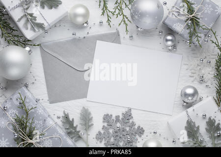 Christmas frame mockup,Christmas balls,gift boxes and letter Stock Photo