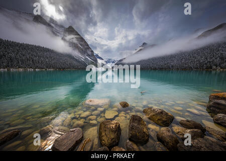 Lake Louise is a glacial lake within Banff National Park in Alberta, Canada. Stock Photo