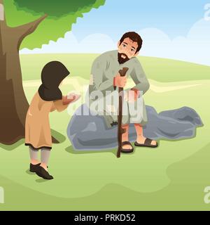 A vector illustration of Muslim Girl Giving Food to Homeless Man Stock Vector