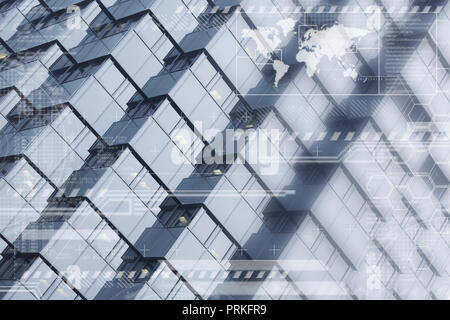 Technology background and global business symbols. Futuristic concept with empty copy space for Editor's text. Stock Photo