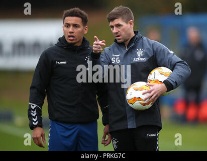 Ranger's James Tavernier and manager Steven Gerrard during a training session at the Hummel Training Centre, Glasgow. Stock Photo