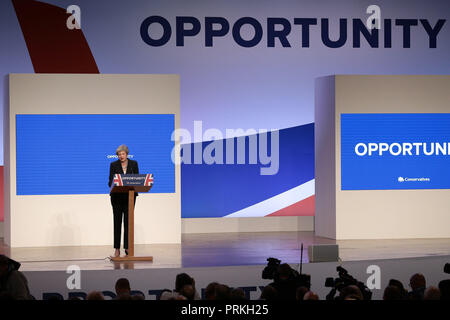 Prime Minister Theresa May makes her speech at the Conservative Party annual conference at the International Convention Centre, Birmingham. Stock Photo