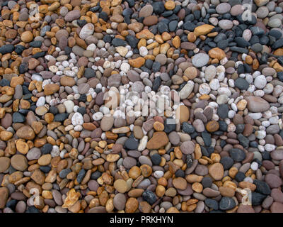 Sea pebbles on beach, various colors and types of stone. Multicoloured stones - black, white, yellow. Stock Photo