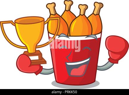 Boxing winner fried chicken bucket isolated on mascot Stock Vector