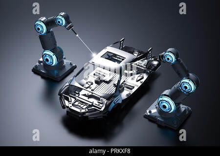 3d rendering robot assembly line in car factory on black background Stock Photo