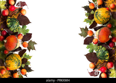 Pumpkins with fall leaves and paradise apples over white background. Top view. Stock Photo
